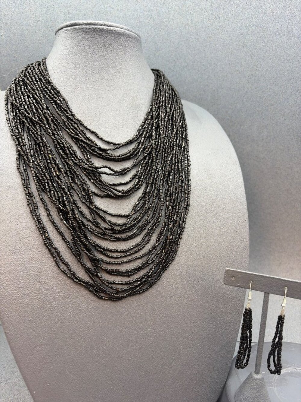 Beaded Necklace Earrings Set 17 In Black Multi-Strand Iridescent Statement Boho
